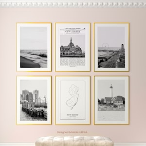 New Jersey State Prints Set van 6, New Jersey zwart-wit prints, New Jersey fotoposter, New Jersey kaart, Verenigde Staten
