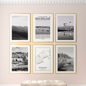 New England State Prints 6er Set, New England schwarz weiß Drucke, New England Foto Poster, New England Karte, USA