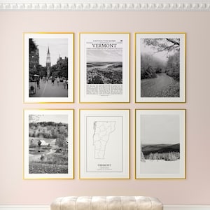 Vermont State Prints 6er Set, Vermont Schwarzweiß Drucke, Vermont Foto Poster, Vermont Wandkunst, Vermont Karte, USA
