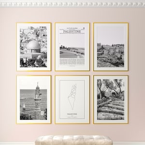 Conjunto de 6 impresiones de Palestina, impresiones en blanco y negro de Palestina, póster fotográfico de Palestina, arte mural de Palestina, mapa de Palestina, Palestina