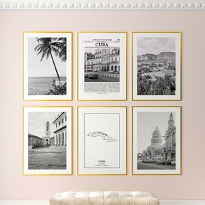 Cuba prints set van 6, Cuba zwart-wit prints, Cuba fotoposter, Cuba kunst aan de muur, Cuba kaart, Cuba
