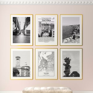 Tacoma City Prints 6er Set, Tacoma Schwarz Weiß Prints, Tacoma Foto Poster, Tacoma Wandkunst, Tacoma Karte, Washington, USA