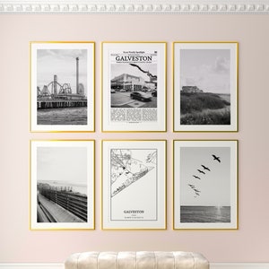 Galveston City Prints 6er-Set, Galveston Schwarzweiß-Drucke, Galveston Foto-Poster, Galveston Karte, Texas, USA