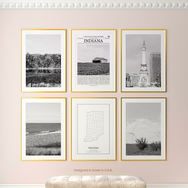 Indiana State Prints Set of 6, Indiana Black And White Prints, Indiana Photo Poster, Indiana Wall Art, Indiana Map, United States
