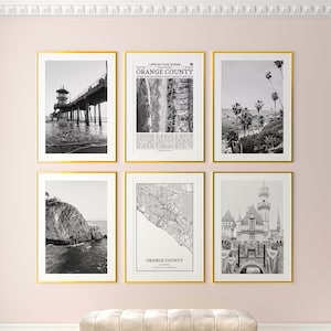 Lot de 6 impressions sur la ville d'Orange County, impressions noir et blanc d'Orange County, affiche photo d'Orange County, carte d'Orange County, Californie