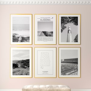 Alabama State prints set van 6, Alabama zwart-wit prints, Alabama fotoposter, Alabama muurkunst, kaart van Alabama, Verenigde Staten