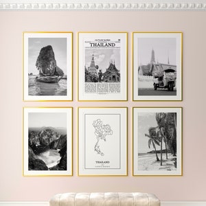 Lot de 6 estampes Thaïlande, impressions noir et blanc Thaïlande, affiche photo Thaïlande, art mural Thaïlande, carte de la Thaïlande, Thaïlande