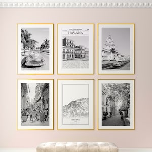 Conjunto de 6 impressões da cidade de Havana, impressões em preto e branco de Havana, pôster fotográfico de Havana, arte de parede de Havana, mapa de Havana, Cuba