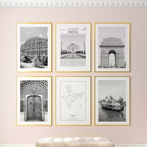 Lot de 6 gravures de l'Inde, estampes noir et blanc de l'Inde, affiche photo de l'Inde, art mural de l'Inde, carte de l'Inde, Inde