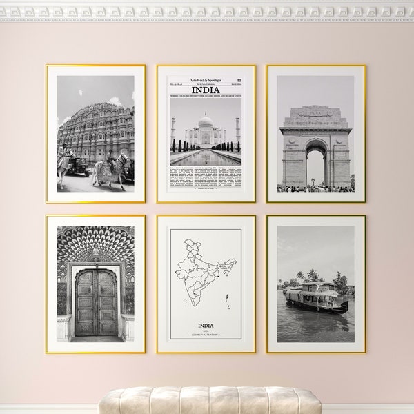 India Prints Set of 6, India Black And White Prints, India Photo Poster, India Wall Art, India Map, India