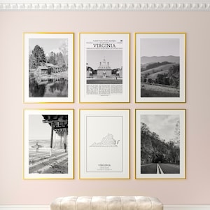 Virginia State Prints Set of 6, Virginia Black And White Prints, Virginia Photo Poster, Virginia Wall Art, Virginia Map, United States