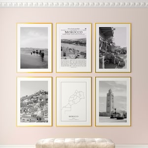 Lot de 6 gravures du Maroc, estampes noir et blanc du Maroc, affiche photo du Maroc, art mural Maroc, carte du Maroc, Maroc