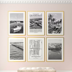 Lake Worth Beach City prints set van 6, Lake Worth Beach zwart-wit prints, Lake Worth Beach fotoposter, Lake Worth Beach kaart, Florida