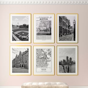Boston City Prints Set of 6, Boston Black And White Prints, Boston Photo Poster, Boston Wall Art, Boston Map, Massachusetts, United States