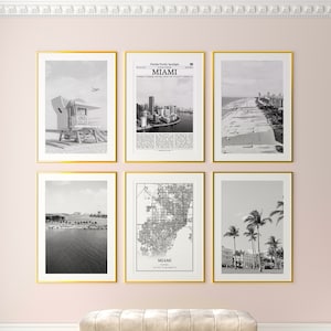 Miami City prints set van 6, Miami zwart-wit prints, Miami fotoposter, Miami Wall Art, Miami kaart, Florida, Verenigde Staten