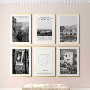Conjunto de 6 láminas del estado de Arkansas, láminas en blanco y negro de Arkansas, póster fotográfico de Arkansas, arte mural de Arkansas, mapa de Arkansas, Estados Unidos