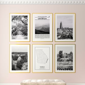 Juego de 6 láminas del estado de Georgia, láminas en blanco y negro de Georgia, póster fotográfico de Georgia, arte mural de Georgia, mapa de Georgia, Estados Unidos