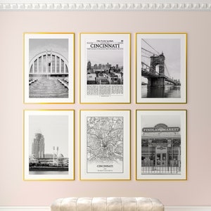 Set di 6 stampe della città di Cincinnati, stampe in bianco e nero di Cincinnati, poster fotografico di Cincinnati, mappa di Cincinnati, Ohio, Stati Uniti