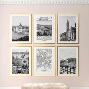 Budapest City Prints Set of 6, Budapest Black And White Prints, Budapest Photo Poster, Budapest Wall Art, Budapest Map, Hungary