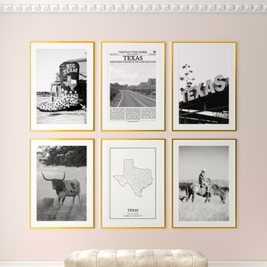 Conjunto de 6 láminas del estado de Texas, láminas en blanco y negro de Texas, póster fotográfico de Texas, arte mural de Texas, mapa de Texas, Estados Unidos