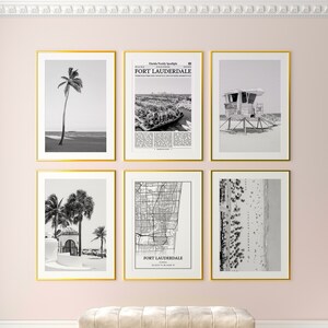 Fort Lauderdale stad prints set van 6, Fort Lauderdale zwart-wit prints, Fort Lauderdale fotoposter, Fort Lauderdale kaart, Florida