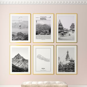 Ensemble de 6 impressions népalais, impressions noir et blanc Népal, affiche photo Népal, art mural Népal, carte du Népal, Népal