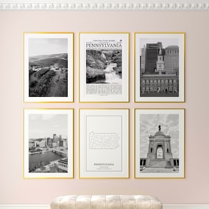 Conjunto de 6 láminas del estado de Pensilvania, láminas en blanco y negro de Pensilvania, póster fotográfico de Pensilvania, mapa de Pensilvania, Estados Unidos