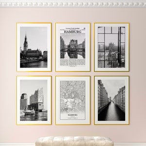 Hamburg City Prints 6er-Set, Hamburg Schwarzweiß-Drucke, Hamburg Foto-Poster, Hamburg Wandkunst, Hamburg Karte, Deutschland