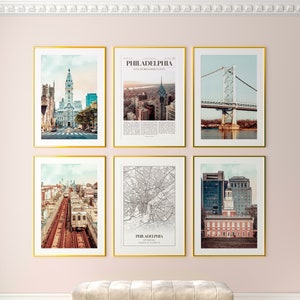 Philadelphia City Prints Set de 6, Cartel fotográfico de Filadelfia, Fotografía de Filadelfia, Mapa de Filadelfia, Pensilvania, Estados Unidos