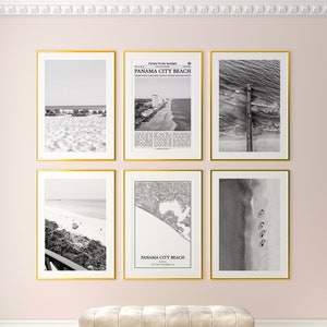 Set van 6 strandafdrukken Panama City, zwart-witafdrukken Panama City Beach, fotoposter Panama City Beach, kaart Panama City Beach, Florida
