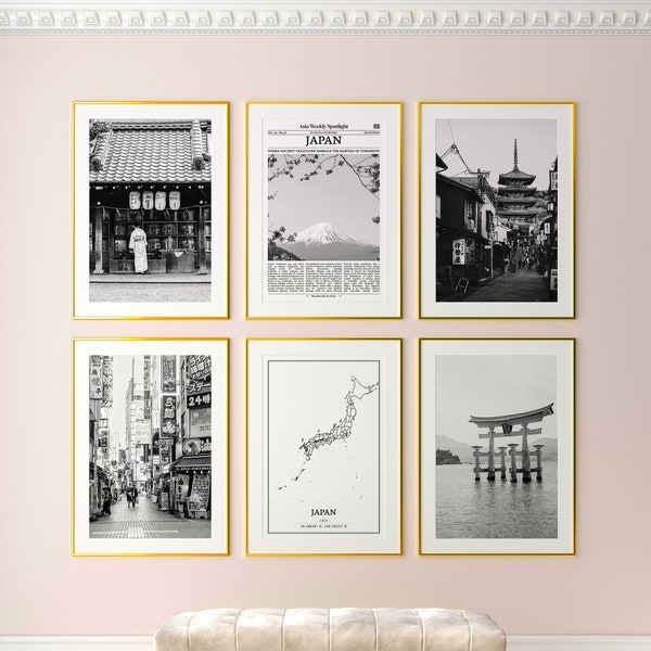 Japan Prints Set of 6, Japan Black And White Prints, Japan Photo Poster, Japan Wall Art, Japan Map, Japan
