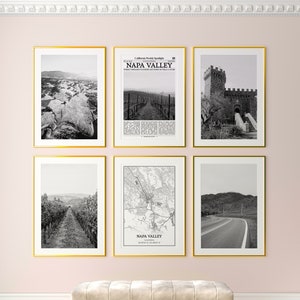 Napa Valley City prints set van 6, Napa Valley zwart-wit prints, Napa Valley fotoposter, Napa Valley kaart, Californië, Verenigde Staten