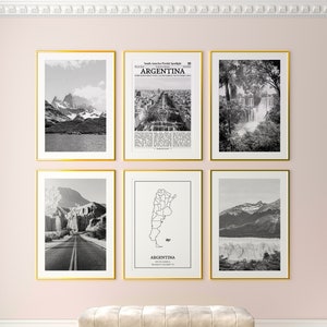Juego de 6 láminas de Argentina, láminas en blanco y negro, póster fotográfico de Argentina, arte mural de Argentina, mapa de Argentina