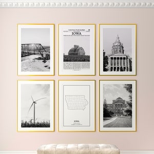 Iowa State Prints Set of 6, Iowa Black And White Prints, Iowa Photo Poster, Iowa Wall Art, Iowa Map, United States