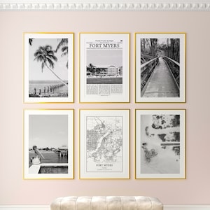 Fort Myers City prints set van 6, Fort Myers zwart-wit prints, Fort Myers fotoposter, Fort Myers kaart, Florida, Verenigde Staten
