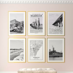 Juego de 6 láminas de la ciudad de Wilmington, láminas en blanco y negro de Wilmington, póster fotográfico de Wilmington, mapa de Wilmington, Carolina del Norte, Estados Unidos