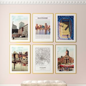 Baltimore City Prints Set de 6, Cartel fotográfico de Baltimore, Fotografía de Baltimore, Arte de la pared de Baltimore, Mapa de Baltimore, Maryland, Estados Unidos