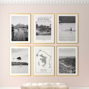 Conjunto de 6 impressões da cidade de Bora Bora, impressões em preto e branco de Bora Bora, pôster fotográfico de Bora Bora, mapa de Bora Bora, Polinésia Francesa