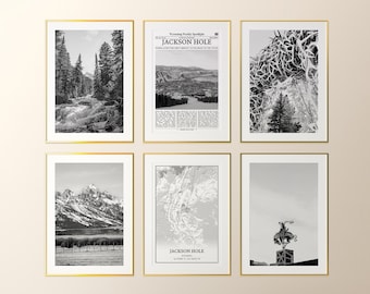 Jackson Hole City Prints Set of 6, Jackson Hole Black And White Prints, Jackson Hole Photo Poster, Jackson Hole Map, Wyoming, United States