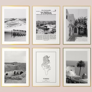 Tunesien Prints 6er Set, Tunesien Schwarz Weiß Poster, Tunesien Foto Poster, Tunesien Wand Kunst, Tunesien Karte, Tunesien