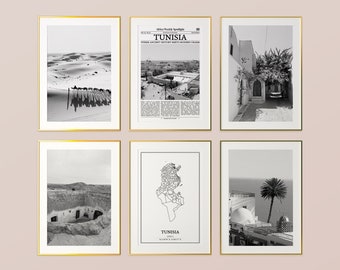 Tunisia Prints Set of 6, Tunisia Black And White Prints, Tunisia Photo Poster, Tunisia Wall Art, Tunisia Map, Tunisia
