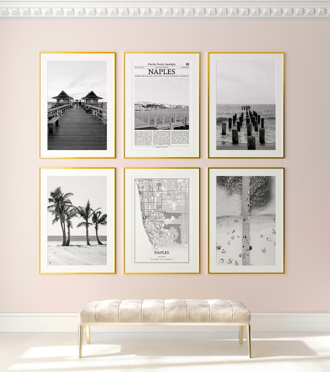 Naples City Prints Set of 6, Naples Black and White Prints, Naples