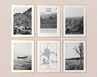 Sari City Prints Set of 6, Sari Black And White Prints, Sari Photo Poster, Sari Wall Art, Sari Map, Iran