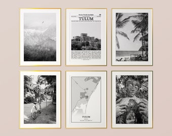 Tulum City Prints Set of 6, Tulum Black And White Prints, Tulum Photo Poster, Tulum Wall Art, Tulum Map, Mexico