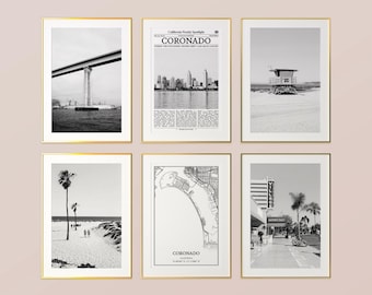 Coronado City Prints Set of 6, Coronado Black And White Prints, Coronado Photo Poster, Coronado Map, California, United States