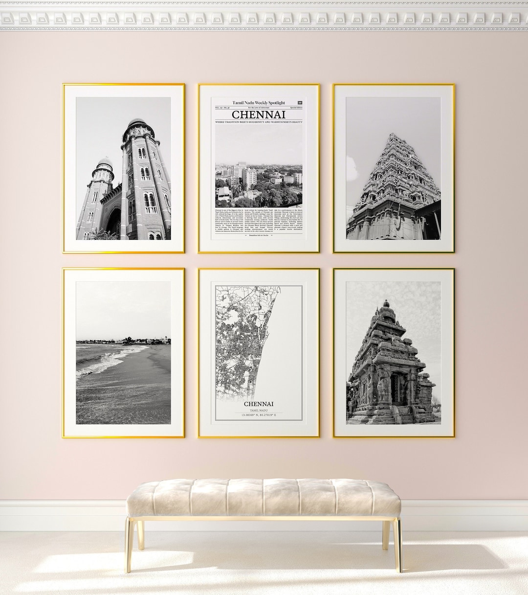 Chennai City Prints Set of 6, Chennai Black and White Prints, Chennai