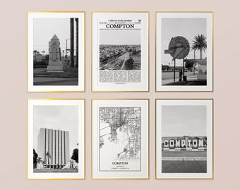 Compton City Prints Set of 6, Compton Black And White Prints, Compton Photo Poster, Compton Wall Art, Compton Map, California, United States