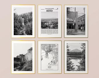 Bend City Prints Set of 6, Bend Black And White Prints, Bend Photo Poster, Bend Wall Art, Bend Map, Oregon, United States