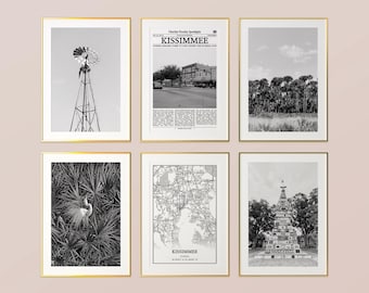 Kissimmee City Prints Set of 6, Kissimmee Black And White Prints, Kissimmee Photo Poster, Kissimmee Map, Florida, United States