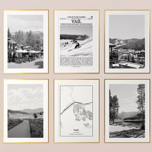 Vail City Prints 6er Set, Vail Schwarzweiß-Drucke, Vail Foto Poster, Vail Wandkunst, Vail Karte, Colorado, USA
